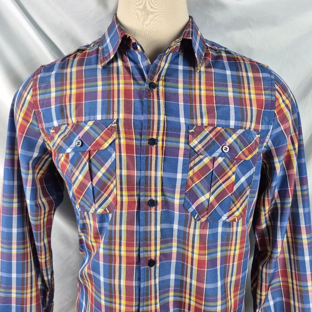 True Rock Men's Slim Fit Red/Blue Plaid Long Sleeve Button Shirt Size Large
